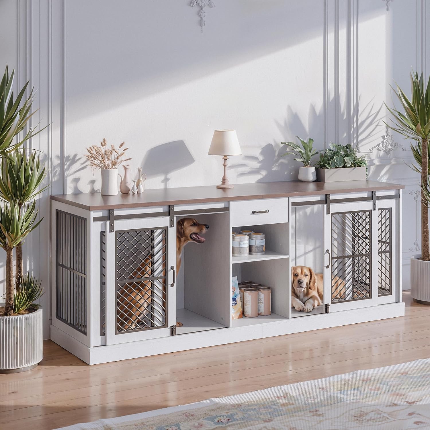 Large Pet Crate Furniture-Style Dog Cage for 2 Pets, Wooden TV Stand with Divider & Drawer Storage, Modern Design Kennel Indoor, 86.6" L X 23.6" W X 33.5" H