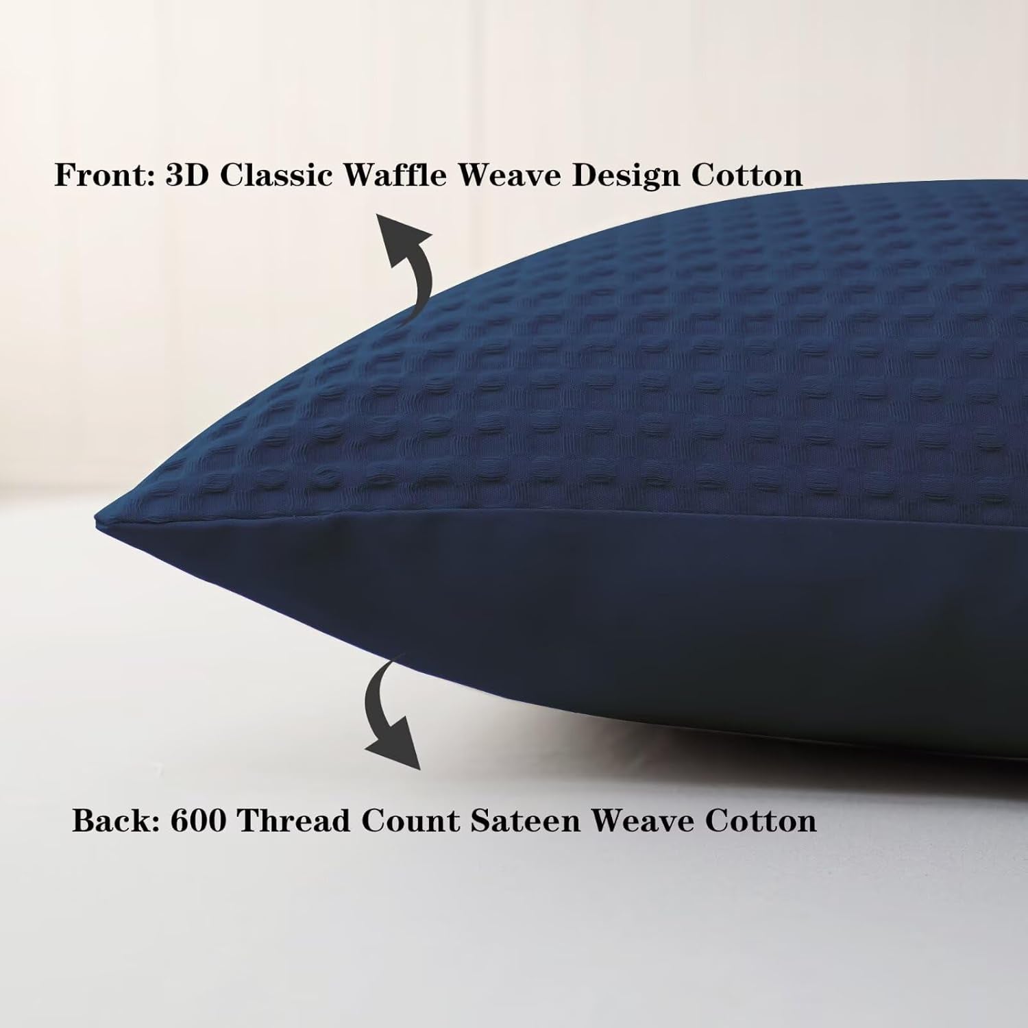 100% Cotton Waffle Weave Pillow Shams Set of 2, 600TC Solid Reverse Side, Envelope Closure, Skin-Friendly & Durable Decorative Pillow Covers for Bed, Navy Blue, King Size 20"X36"