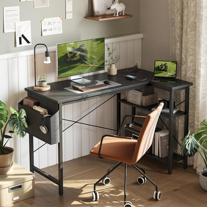 Small L Shaped Computer Gaming Corner Desk with Power Outlets, Reversible Shelves for Study, Writing Table for Home, Office, Bedroom, Living Room, 40 Inches, Black