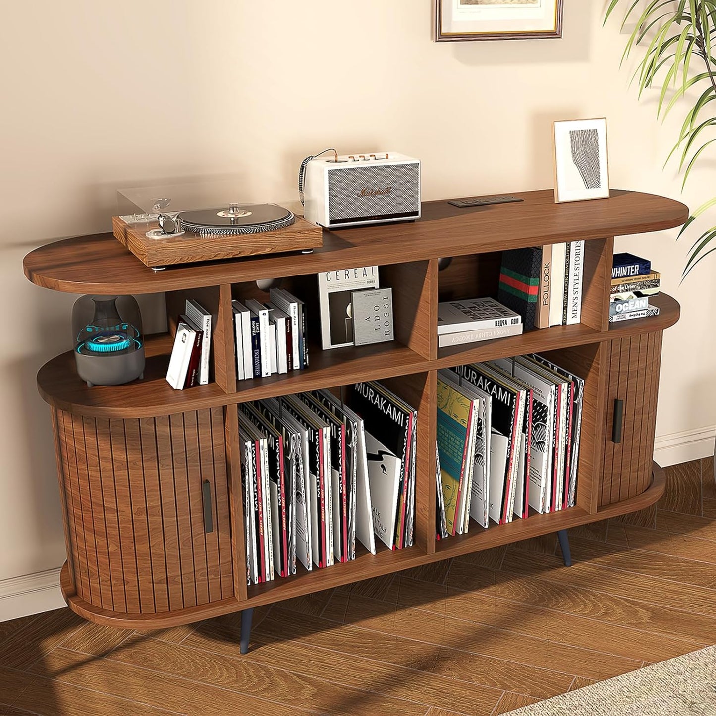 Solid Wood Large Circular Record Player Stand, Vinyl Record Storage Cabinet, Record Player Stand with Power Strip and USB Port, Suitable for Bedroom and Living Room (Walnut, Large)