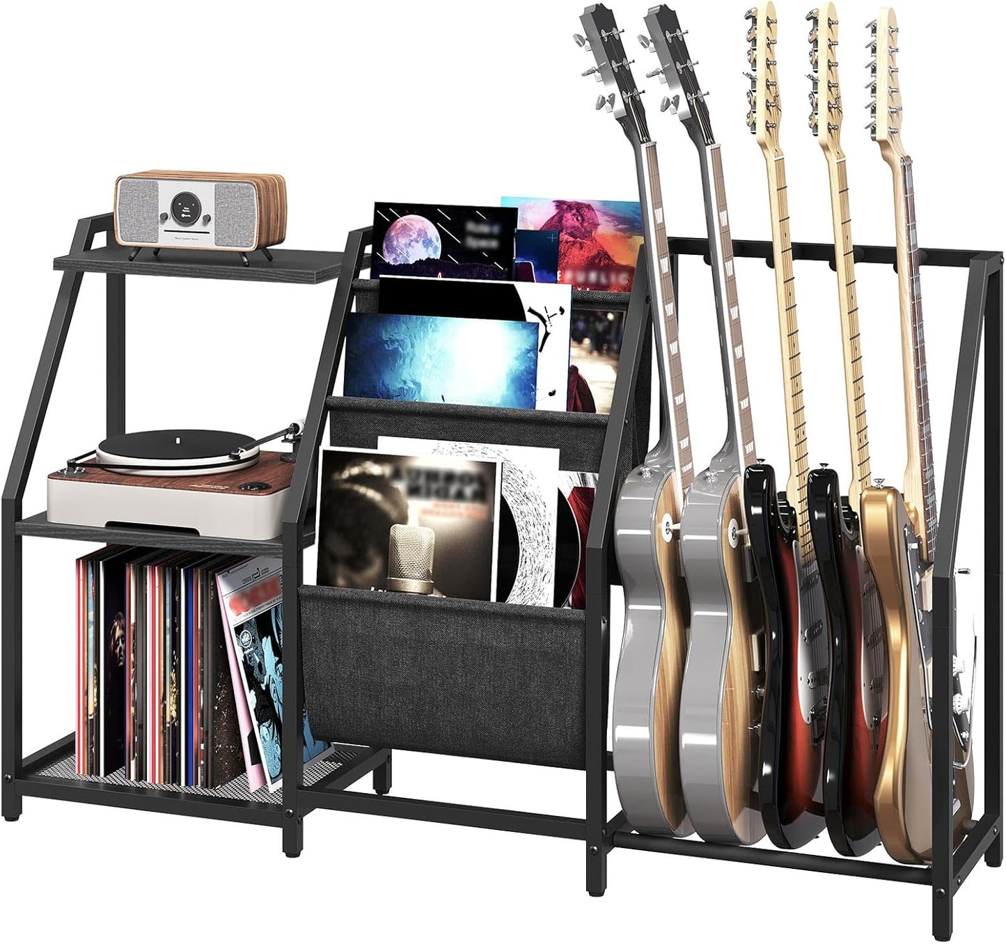 Guitar Stand, Record Player Stand with Storage, for 5 Acoustic Guitar, Bass, Electric Guitar, Ukulele, Banjo, Turntable, Vinyl Records and Amp Accessories, for Music Studios, Black