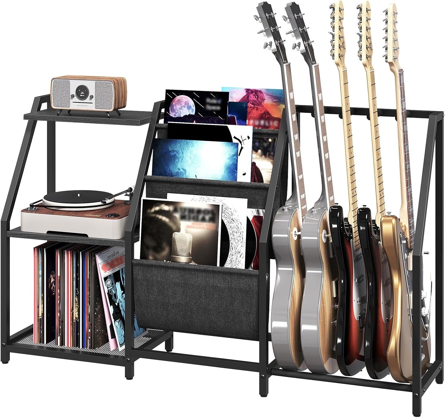 Guitar Stand, Record Player Stand with Storage, for 5 Acoustic Guitar, Bass, Electric Guitar, Ukulele, Banjo, Turntable, Vinyl Records and Amp Accessories, for Music Studios, Black