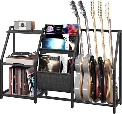 Guitar Stand, Record Player Stand with Storage, for 5 Acoustic Guitar, Bass, Electric Guitar, Ukulele, Banjo, Turntable, Vinyl Records and Amp Accessories, for Music Studios, Black