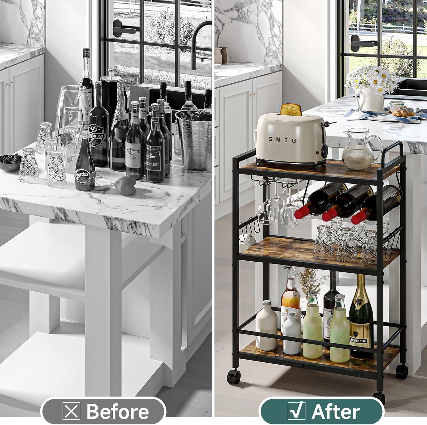 Bar Cart, Serving Cart for Home, Microwave Cart, Drink Cart, Mobile Kitchen Shelf with Wine Rack and Glass Holder, Rolling Beverage Cart for Dining Room(Rustic Brown and Black)