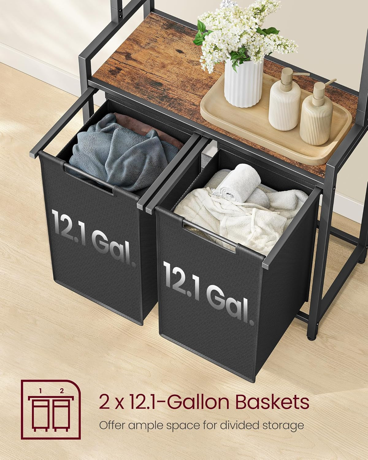 Laundry Basket, 2-Section Laundry Hamper with 2 Shelves, Pull-Out and Removable Liners, Clothes Rail, 2 X 12.1 Gallons, 28.7 X 13 X 69.7 Inches, Rustic Brown and Black UBLH231B02