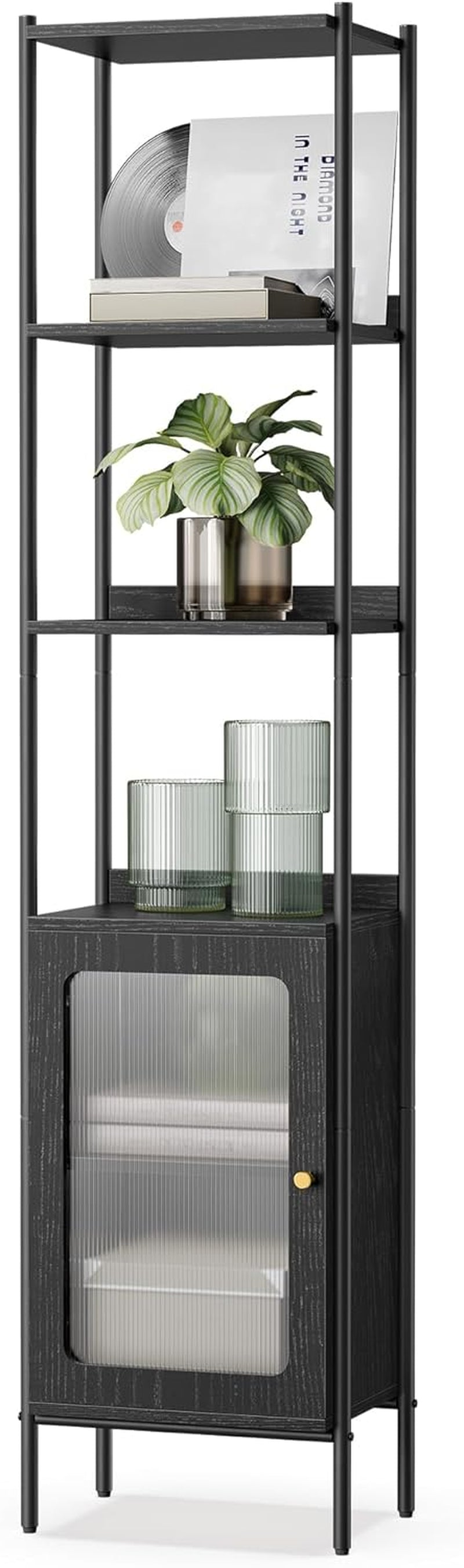 6-Tier Bookcase, Slim Bookshelf with PC Door, Freestanding Storage Shelf with Metal Frame, Adjustable Shelf, for Living Room, Ebony Black and Matte Black ULLS123B56