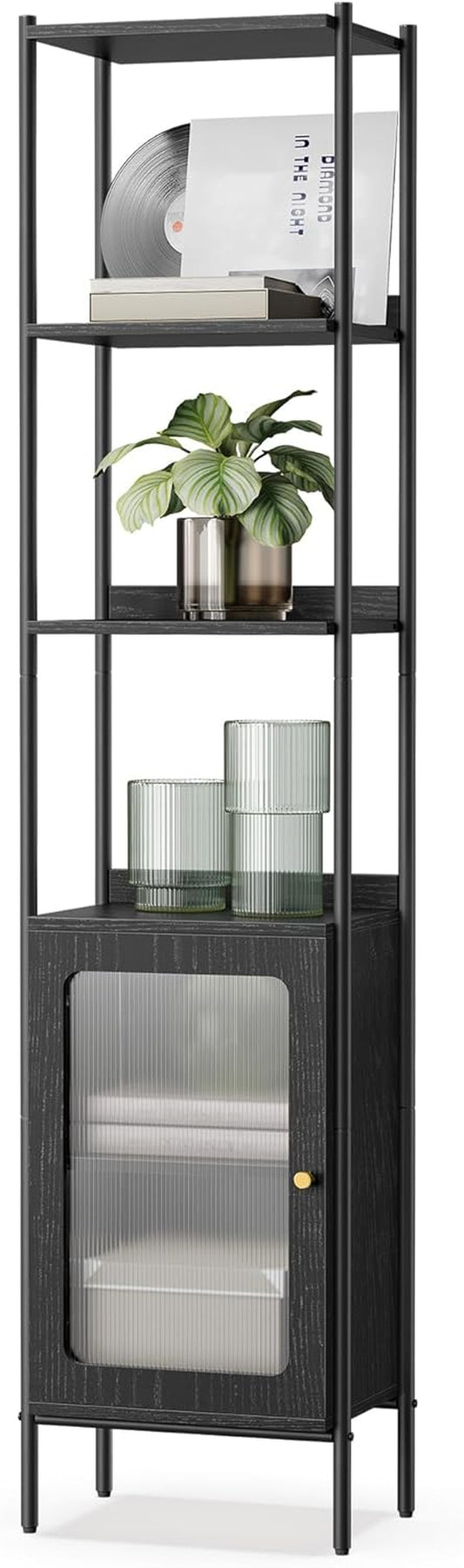 6-Tier Bookcase, Slim Bookshelf with PC Door, Freestanding Storage Shelf with Metal Frame, Adjustable Shelf, for Living Room, Ebony Black and Matte Black ULLS123B56
