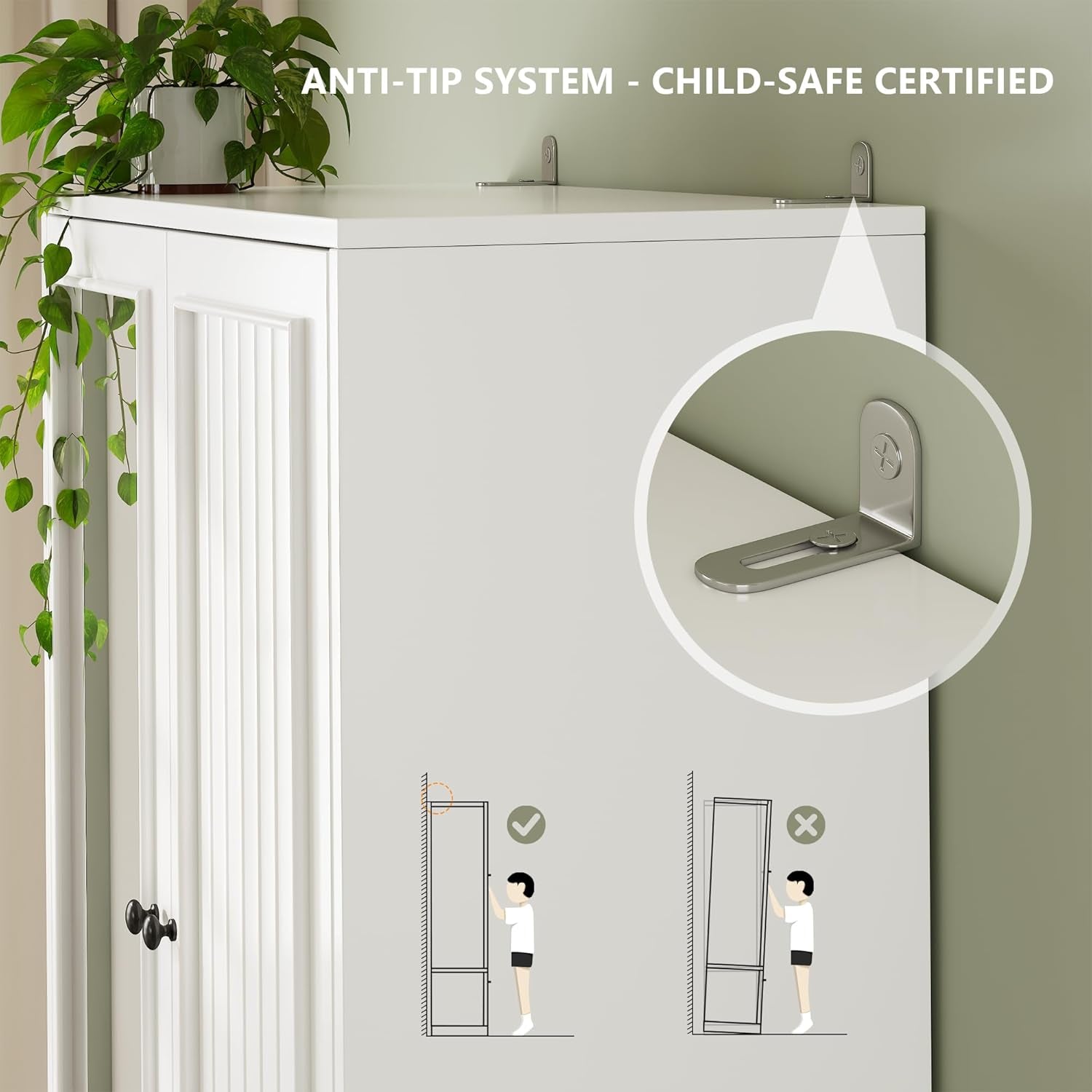 Wood Armoire Wardrobe Closet with Mirror Door and Drawer, 2 Doors Bedroom Storage Cabinet for Hanging Clothes, White