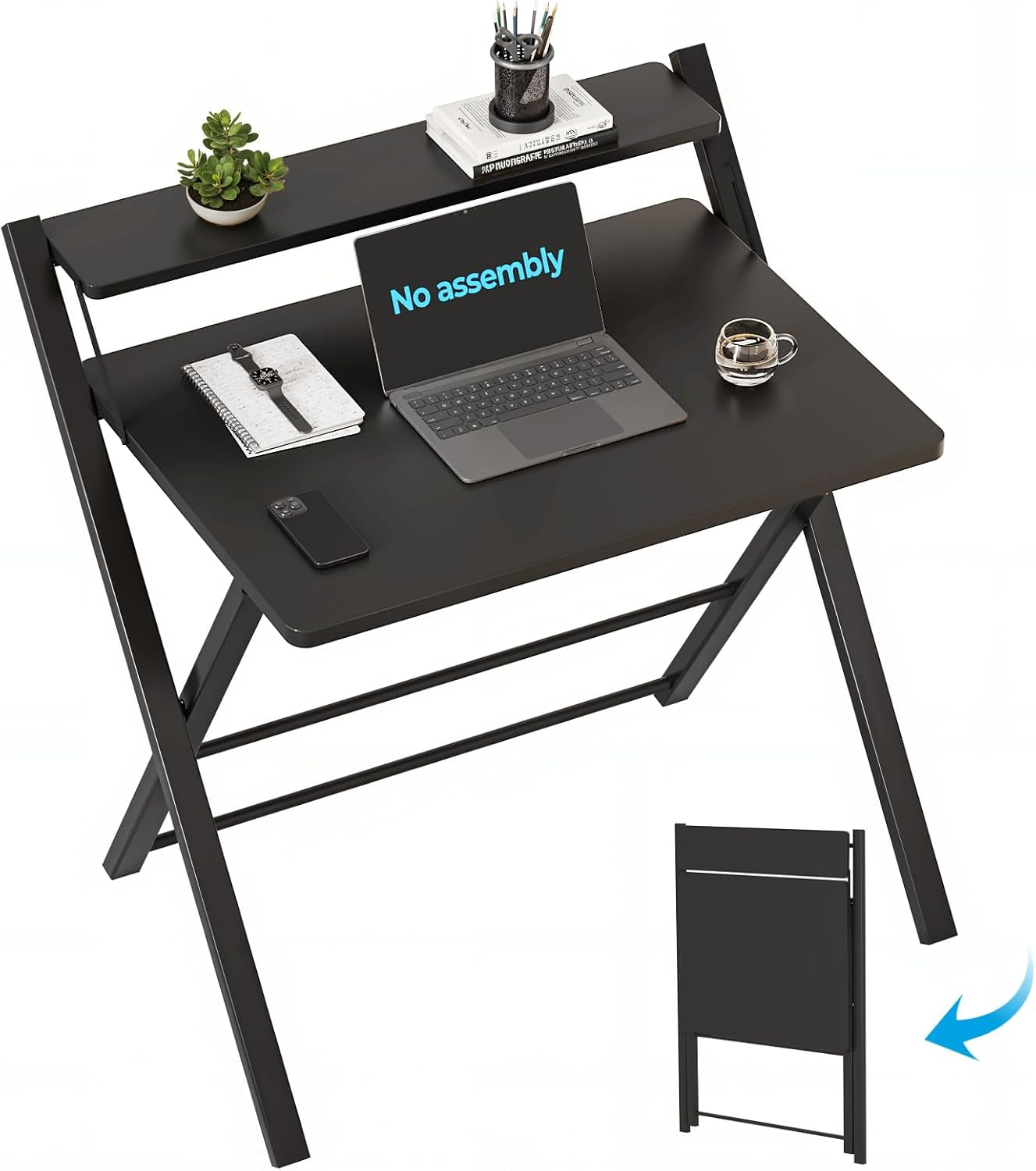 No Assembly Folding Desk, 2-Tier Compact Computer Desk with Shelf, Space Saving Foldable Table for Home Office, Dorm or Apartment, Portable Collapsible Sturdy Laptop Desk, Black
