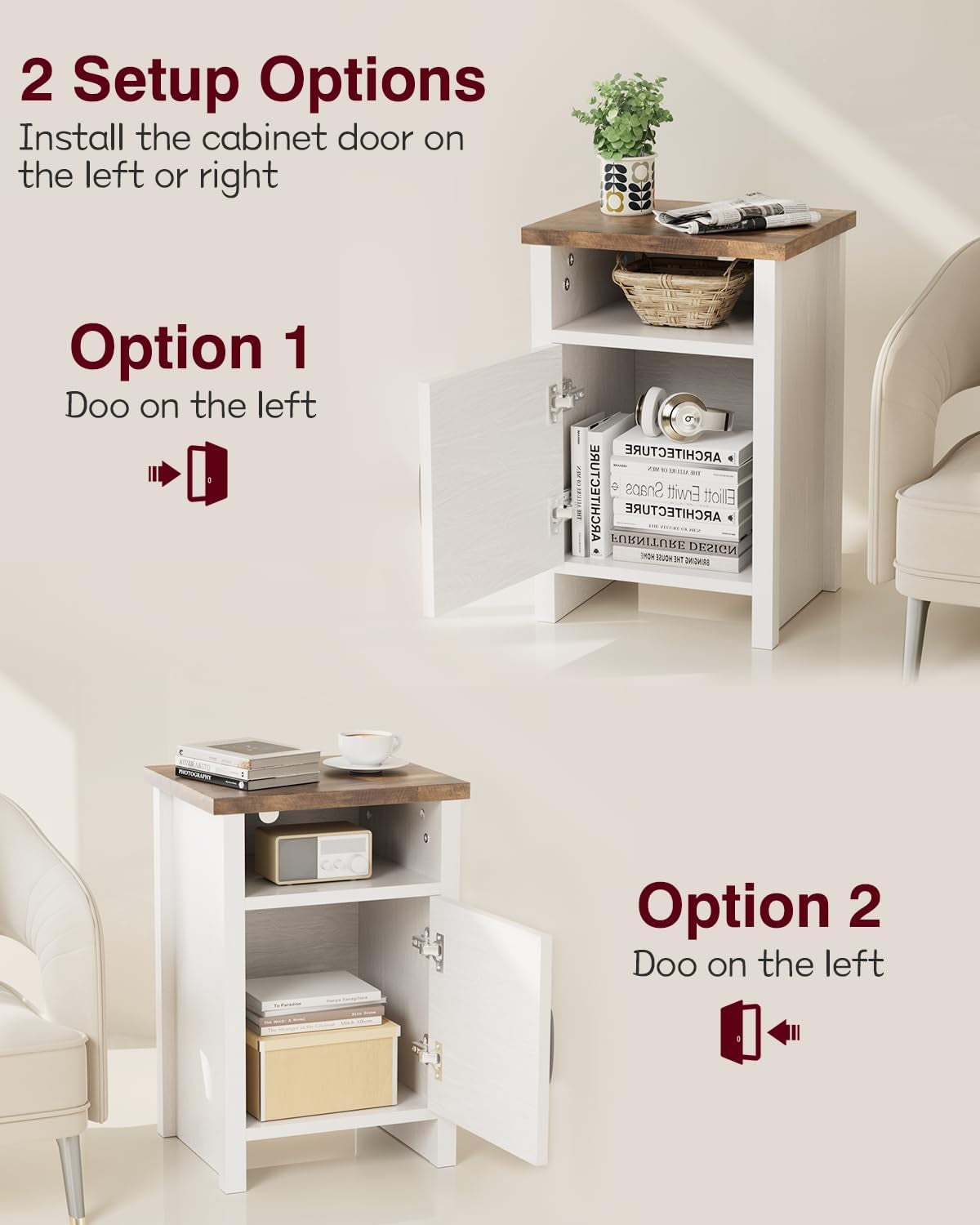 Farmhouse Modern Nightstand with Shelf and Barn Door, Set of 2 for Bedroom, White