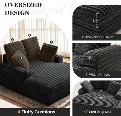 58" Oversized Chaise Lounge Chair, Fluffy Cozy Sleep Couch with 4 Striped Faux Fur Throw Pillow, Modern ‌Full Size Sofa Bed Couch for Living Room, Bedroom, Playroom, Dark Grey