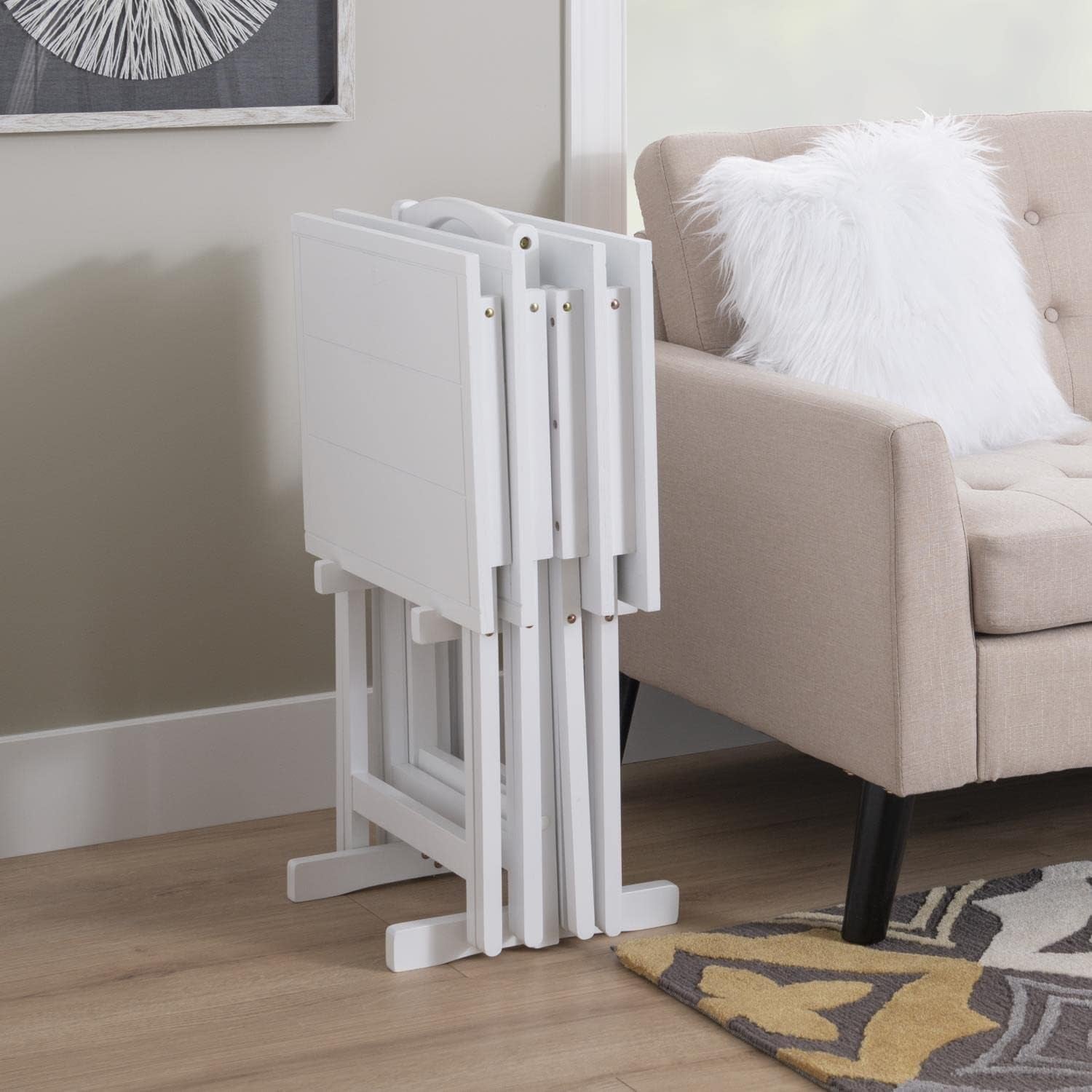 Linon Lisbon Five Piece Farmhouse Plank-Style Top Tray Table Set in White Wood