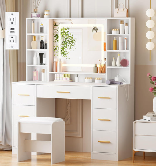Vanity Desk Table with Lighted Mirror 39.4“ Girls Makeup Vanity with Power Outlet 3 Colors Lighting Adjustable Brightness Vanity Table for Women Bedroom Dressing Room White UBDT65W