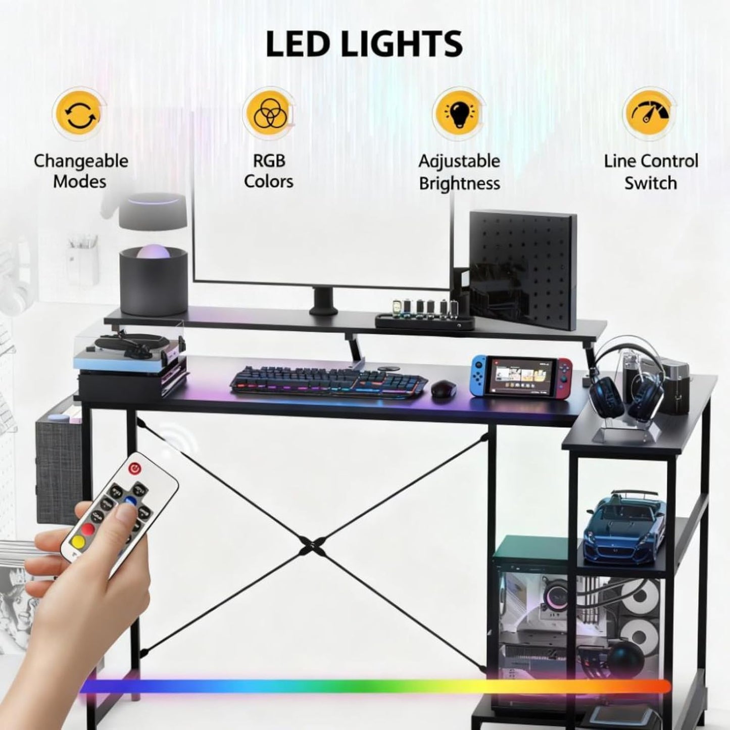 Reversible L Shaped Computer Desk with Built-In Charging Station and RGB LED Light, Home and Office Corner Desk with Ergonomic Monitor Stand