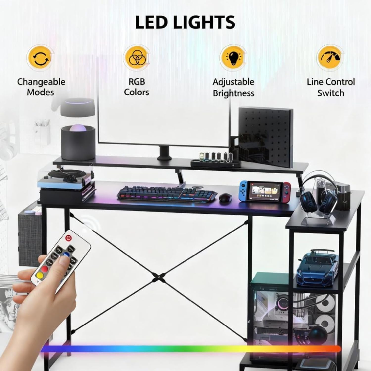 Reversible L Shaped Computer Desk with Built-In Charging Station and RGB LED Light, Home and Office Corner Desk with Ergonomic Monitor Stand