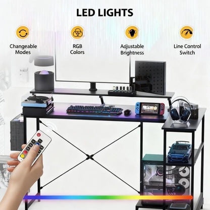 Reversible L Shaped Computer Desk with Built-In Charging Station and RGB LED Light, Home and Office Corner Desk with Ergonomic Monitor Stand