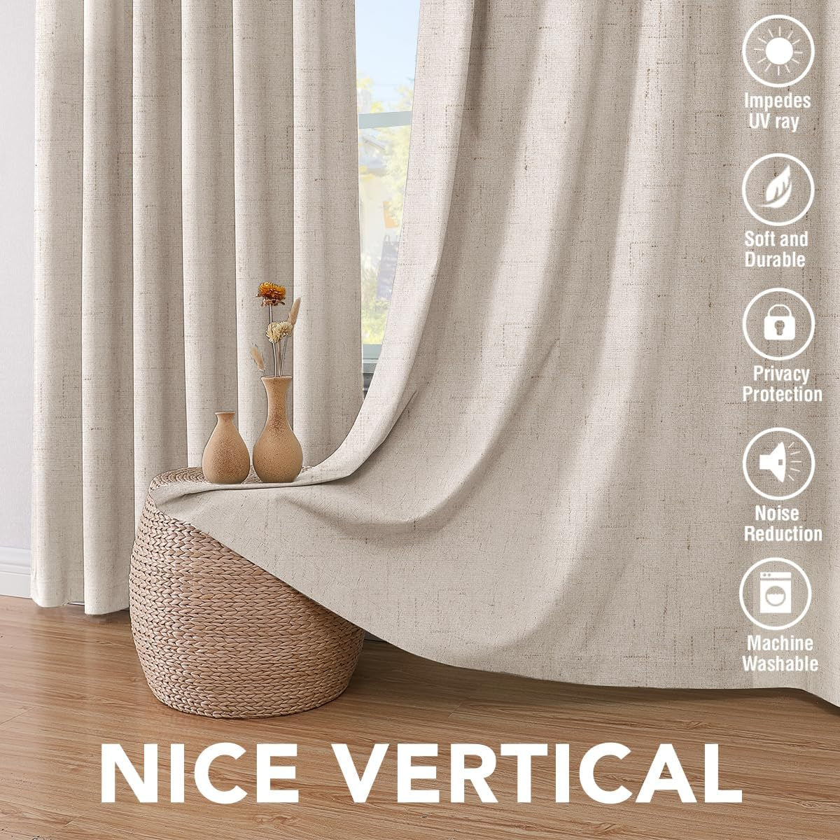 Linen 100% Blackout Curtains for Bedroom Full Light Blocking Curtains, Textured Window Curtain for Living Room 84 Inch Grommet, Energy Efficient Curtains White Liner(2 Panels, Natural)