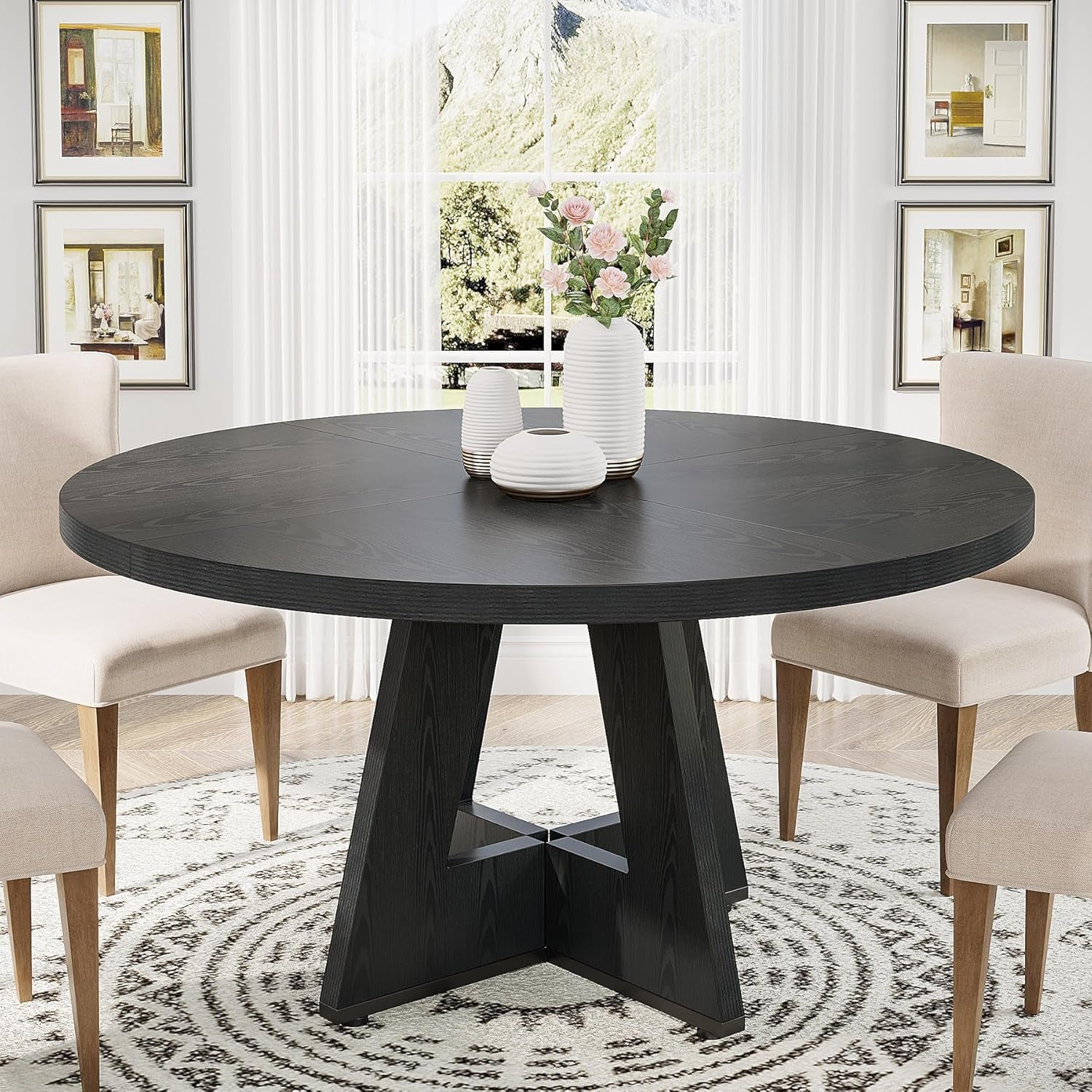 round Dining Table Wood Kitchen Table for Dining Room, 47 in Dinning Room Tables for 4 Man, Farmhouse Dinner Table with Wooden Tabletop and Cross Base, Black