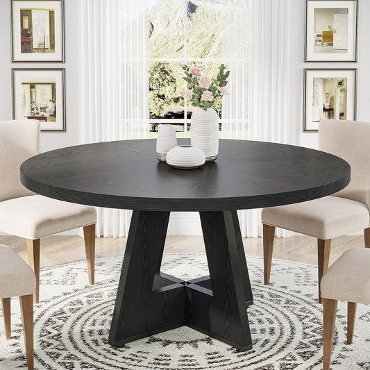 round Dining Table Wood Kitchen Table for Dining Room, 47 in Dinning Room Tables for 4 Man, Farmhouse Dinner Table with Wooden Tabletop and Cross Base, Black