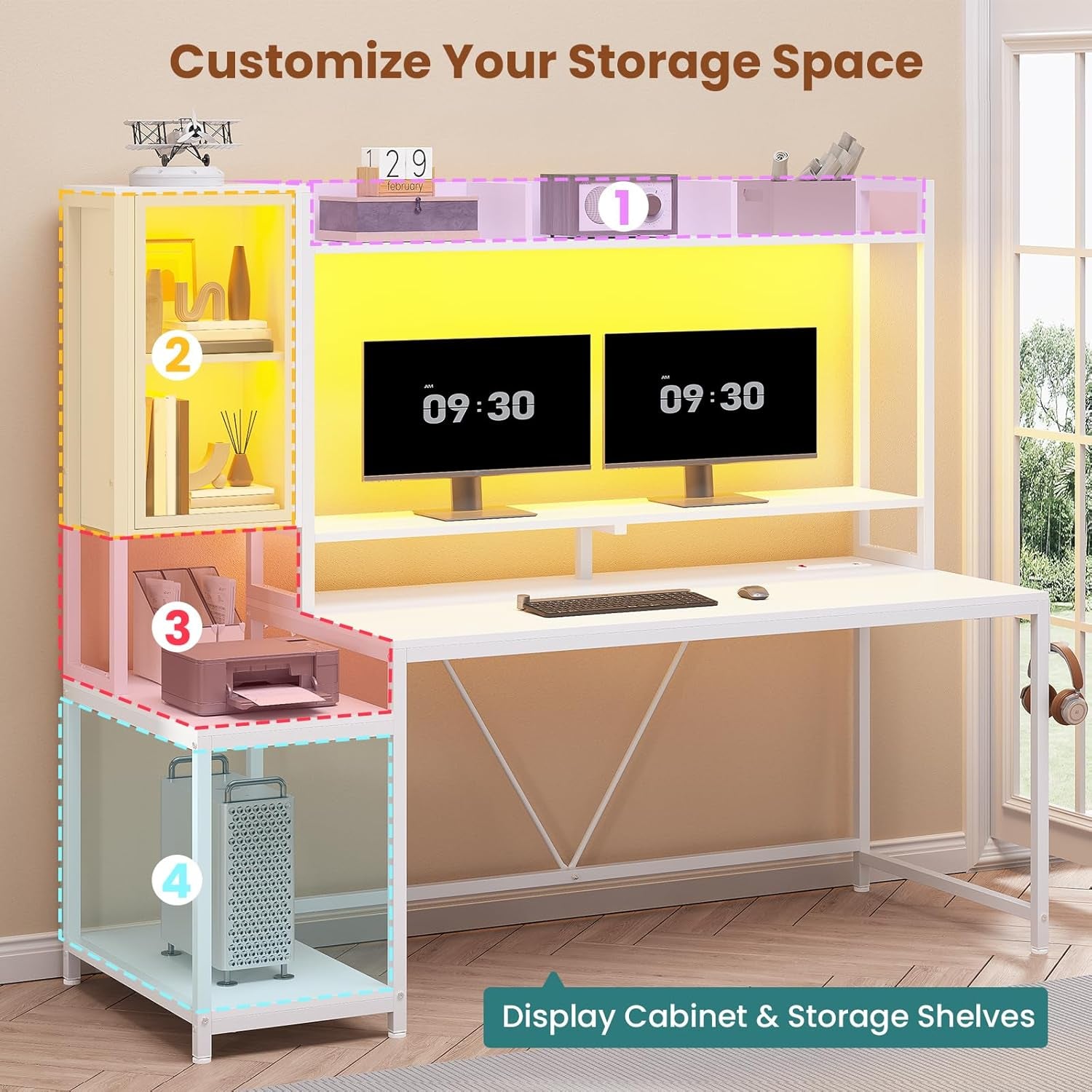 White Gaming Desk, 60'' Gaming Desk with Hutch and LED Lights, Computer Desk with Storage Shelves, Large PC Gamer Desk with Display Cabinet, Monitor Stand, Power Outlet for Home Office