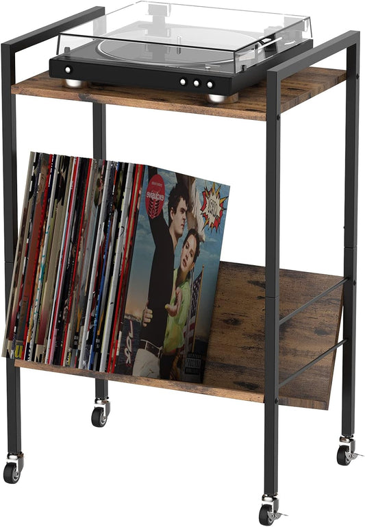 Record Player Stand 2-Tier Record Player Table with Album Storage Shelf Turntable Stand with Metal Frame and Wheels, Brown