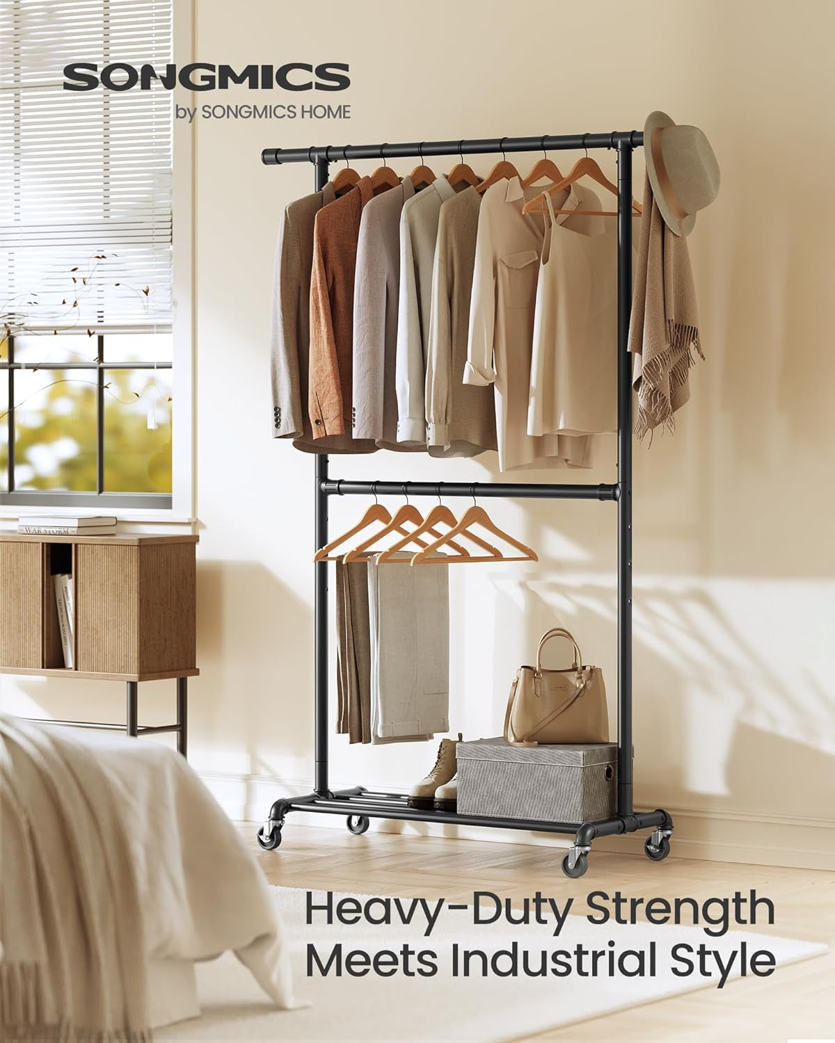 Heavy-Duty Clothes Rack, Double-Rod Clothing Rack for Hanging Clothes, Industrial Garment Rack on Wheels, Adjustable Metal Frame, 2 Casters with Brakes, Commercial Display, Black UHSR62BK