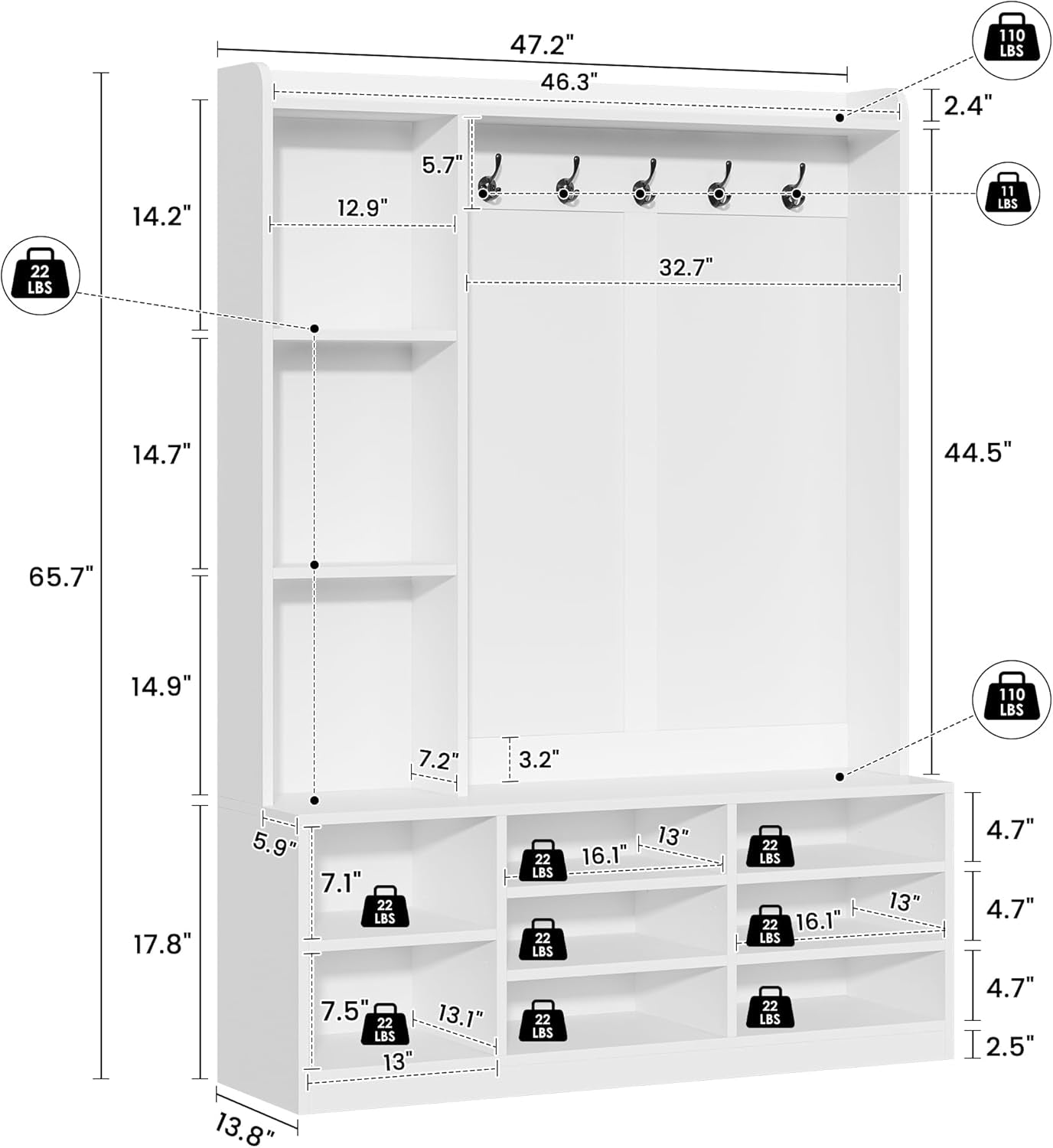 Hall Tree with Bench and Shoe Storage, 5-In-1 Entryway Storage Bench, Shoe Rack with Coat Rack, 8 Shoe Cubbies & 5 Coat Hooks, Adjustable Shelf, White