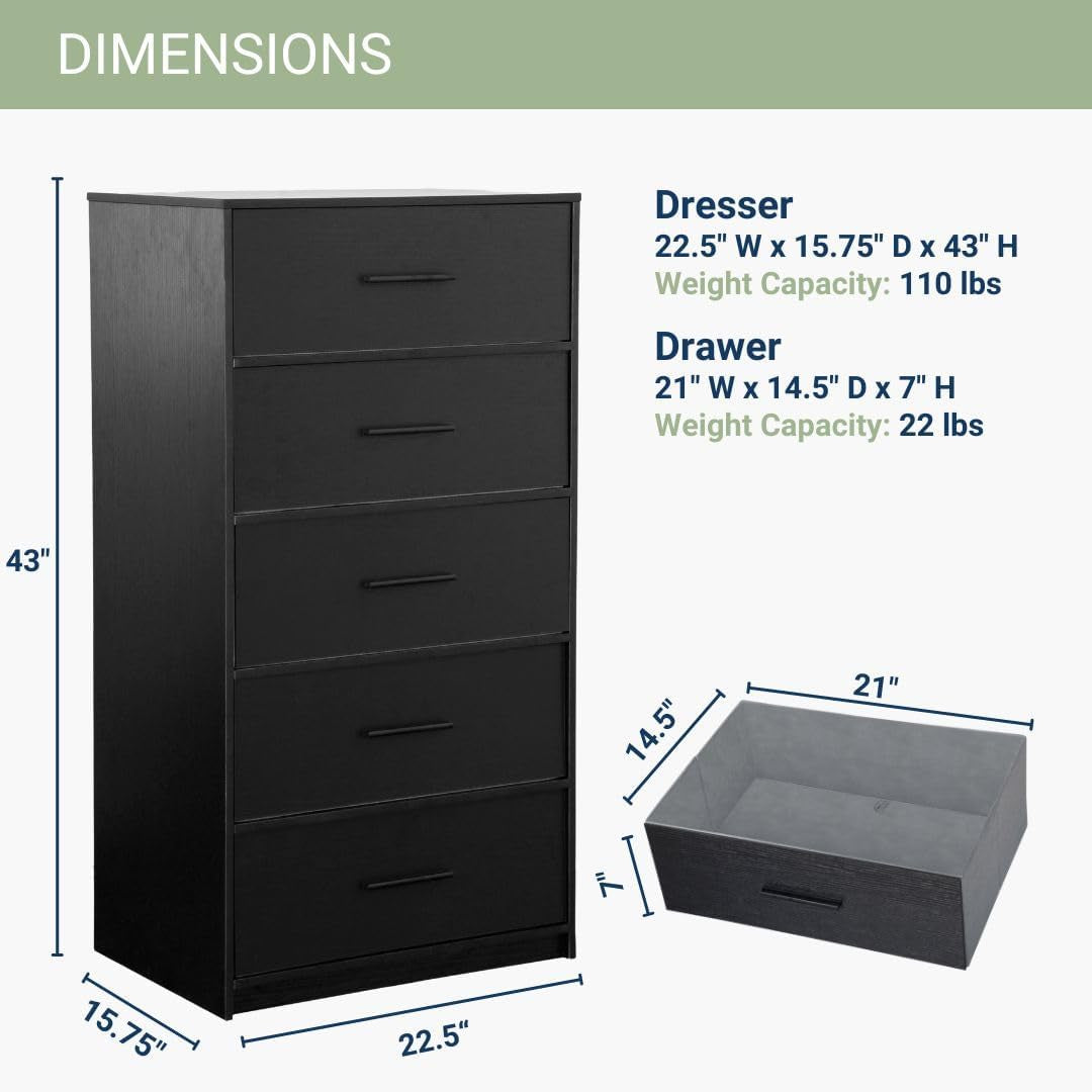 5-Drawer Dresser with Extra Large Fabric Drawers, Wood Frame Dresser with 5 Drawers for Bedroom or Living Room Storage, Hallway, Fabric Bins for Closet or Hallway Storage Organizer, Toy Chest, Black