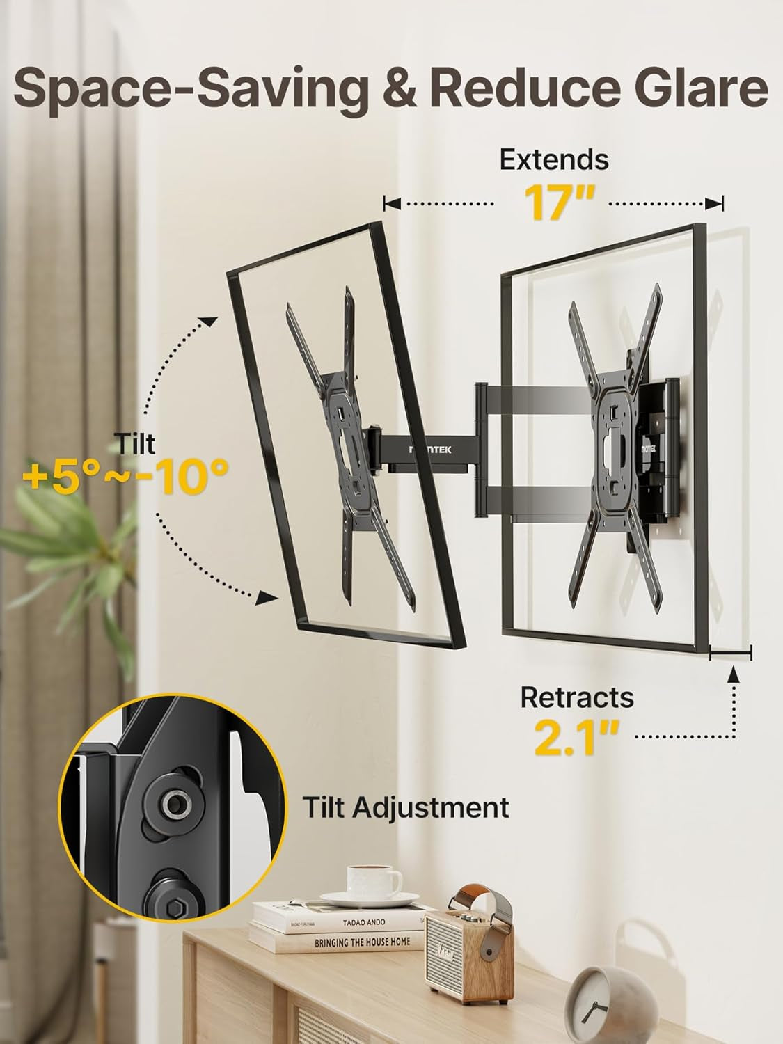 Full Motion TV Wall Mount for 23–65 Inch Flat & Curved Tvs and Monitors, Swivel & Tilt Articulating Bracket, Max VESA 400X400Mm, Holds up to 77 Lbs, Perfect Center Design