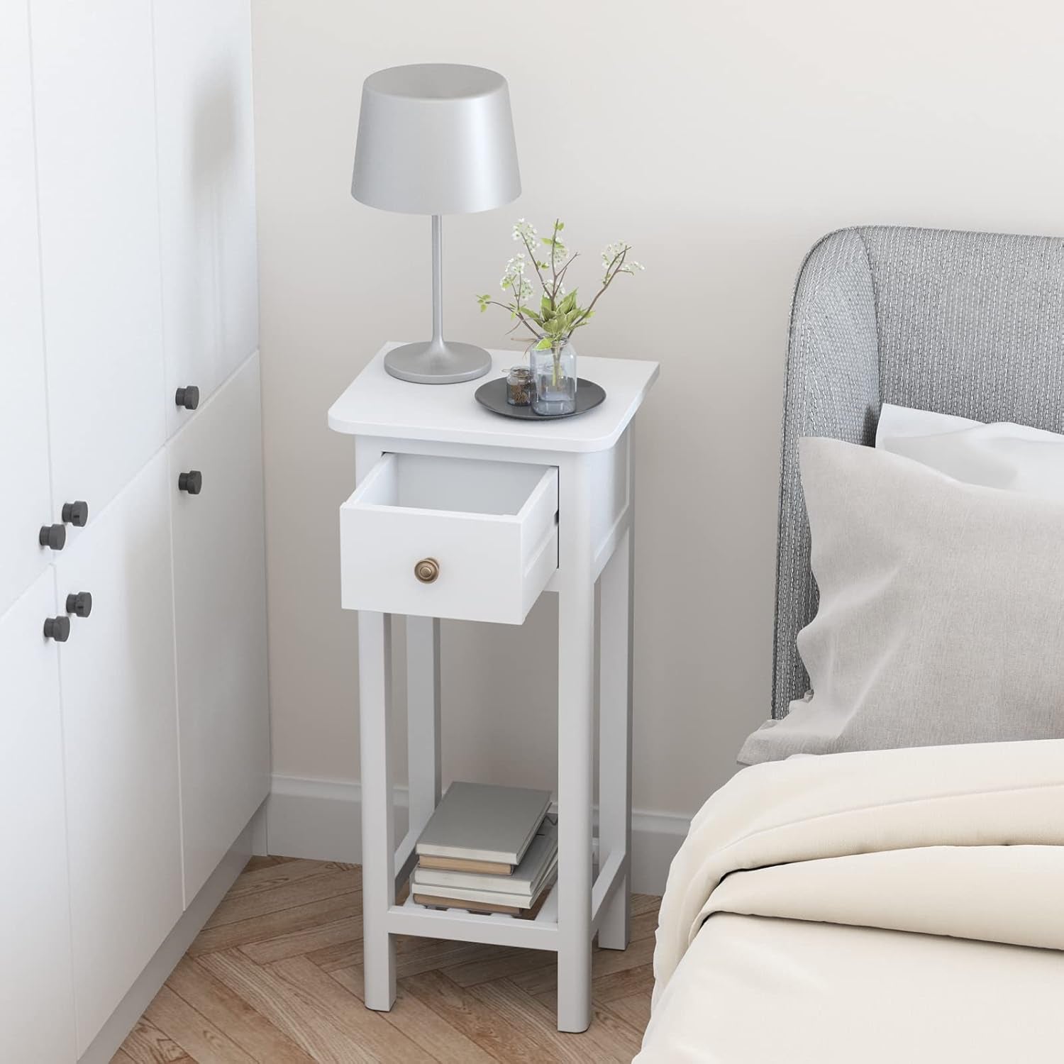 Tall End Table, Narrow Side Table with Drawer and Shelf, Acacia Wood Nightstand for Living Room, 2-Tier Bedside Table for Small Space, No Assembly, White