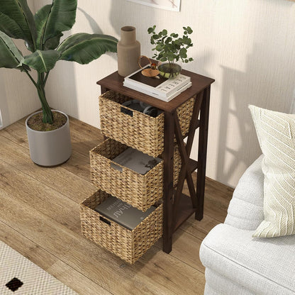Nightstand Set of 2 with 3 Wicker Storage Baskets, Sofa Side Table with Rubber Wood X-Shaped Frames & Acacia Wood Legs, Bedside Table, End Table for Bedroom, Small Space