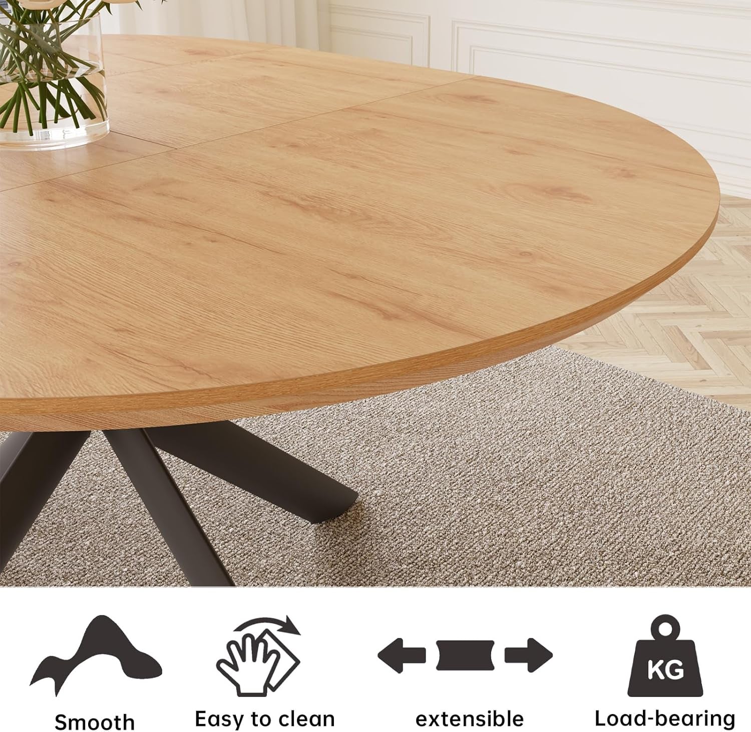 43.2"-59.1" Extendable round Dining Table Set, round Table for 4-6 Person with Scratch-Resistant Thickened MDF Board, Oak Coffee Table W/Metal Legs