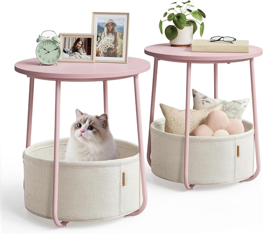 Nightstands, Set of 2 Small round Side Tables with Fabric Basket, Bedside End Tables, for Bedroom, Jelly Pink and Cream White ULCT668R01