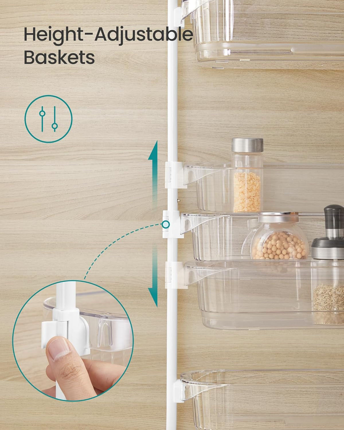 over the Door Pantry Organizer, 6-Tier Kitchen Pantry Door Organizer with Adjustable Tall Baskets, Hanging Spice Rack, for Bedroom Bathroom Laundry Room, Transparent UKCS046WG01