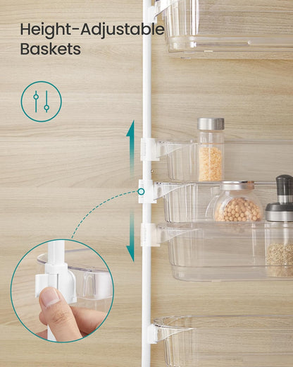 over the Door Pantry Organizer, 6-Tier Kitchen Pantry Door Organizer with Adjustable Tall Baskets, Hanging Spice Rack, for Bedroom Bathroom Laundry Room, Transparent UKCS046WG01
