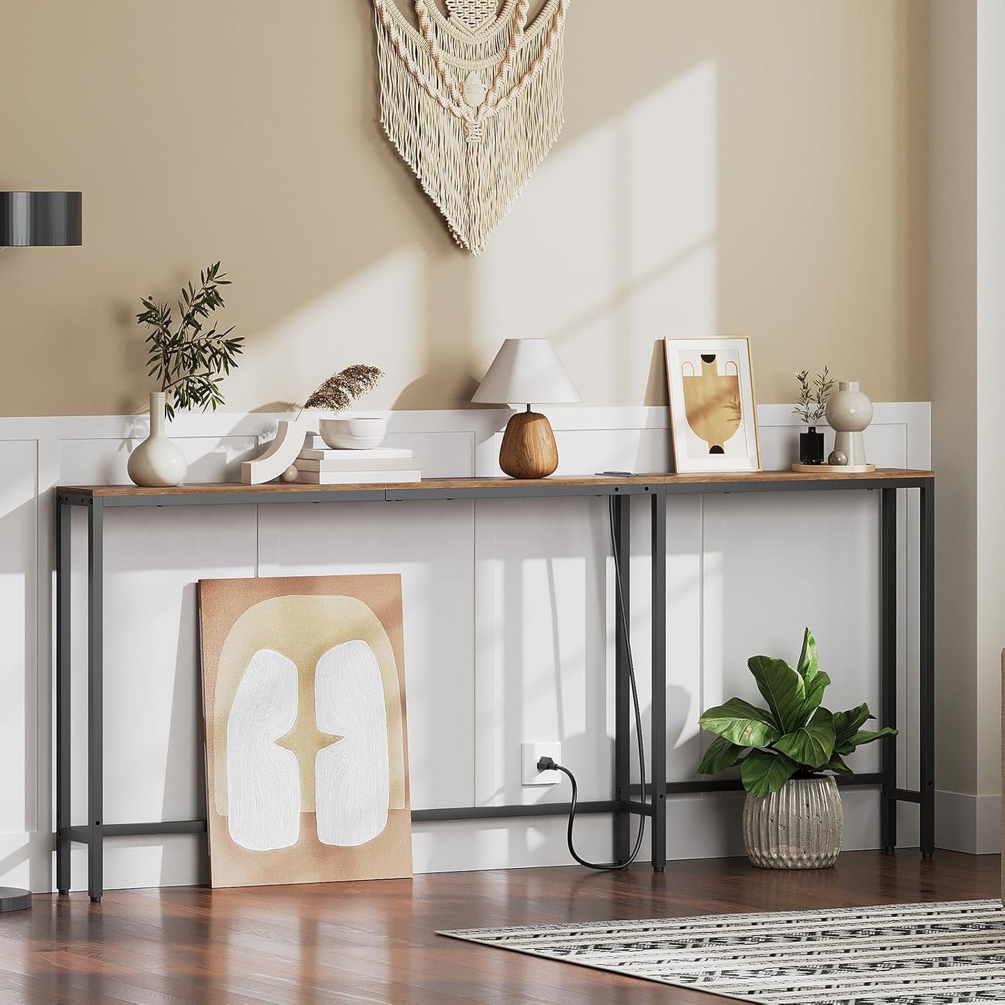Narrow Console Table with Outlets, 70.9" Sofa Table Narrow Long, L Shaped behind Couch Entryway Table with Charging Station, for Living Room, Hallway, 3 Assembly Options, Rustic Brown CT07UBR