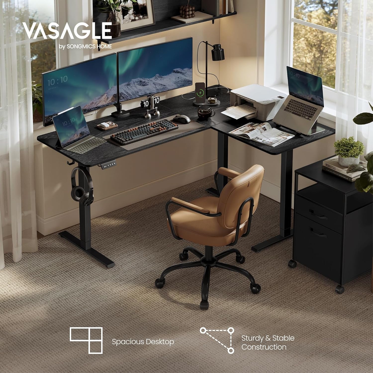 L Shaped Electric Standing Desk, 63 X 47.2 Inches, Height Adjustable Corner Desk with Power Outlets, 2 Memory Buttons, Easy to Assemble, for Home Office, Ink Black ULSD242B01