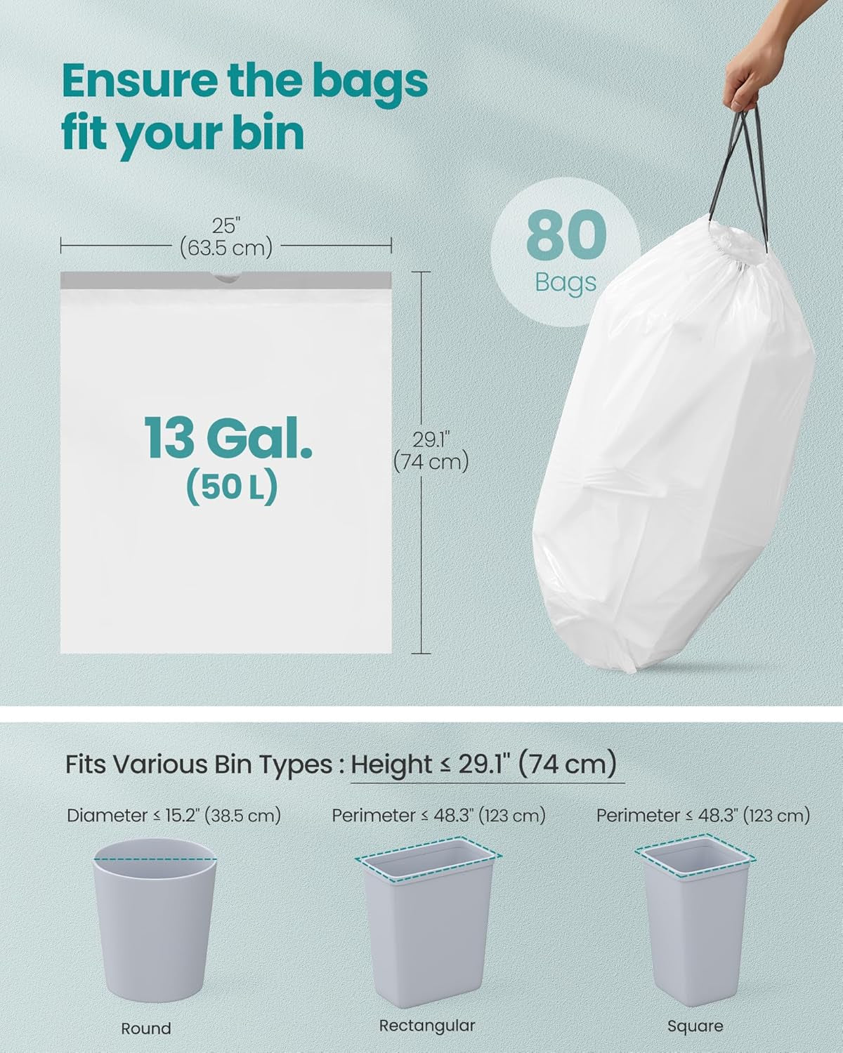 Trash Bags for 13-Gallon (50 L) Trash Cans, Drawstring Kitchen Garbage Bags, Pre-Separated, Quick-Dispense Box, Liner Code K, 2 Rolls, 80 Count, White UKRB051A02