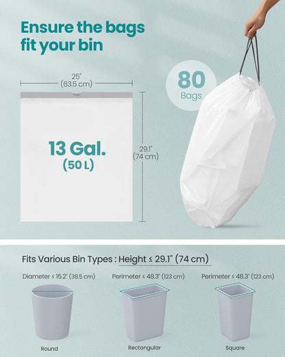 Trash Bags for 13-Gallon (50 L) Trash Cans, Drawstring Kitchen Garbage Bags, Pre-Separated, Quick-Dispense Box, Liner Code K, 2 Rolls, 80 Count, White UKRB051A02