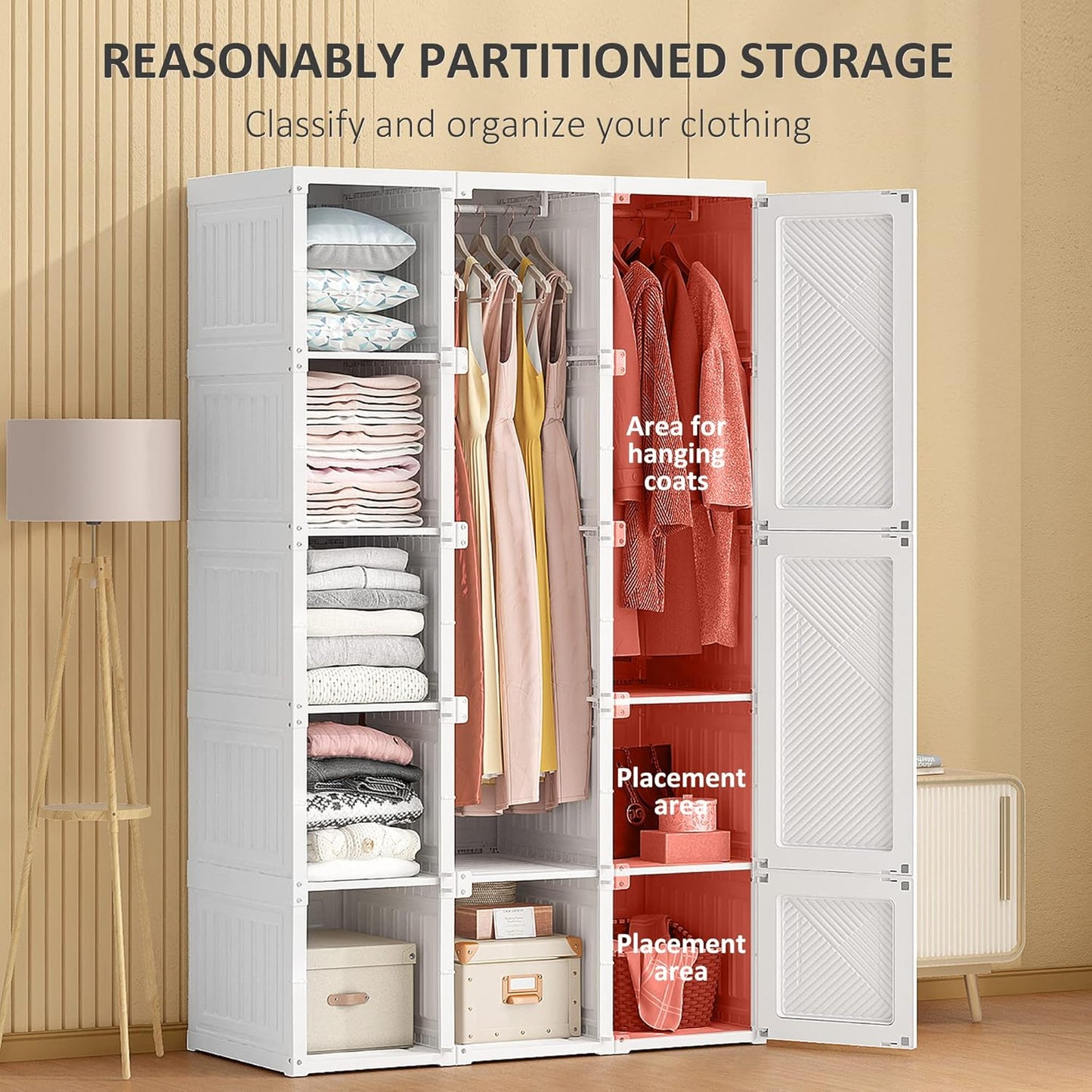 Portable Wardrobe Closet, Folding Clothes Storage Organizer with 8 Cube Compartments, 2 Hanging Rods, 11 Magnet Doors, White
