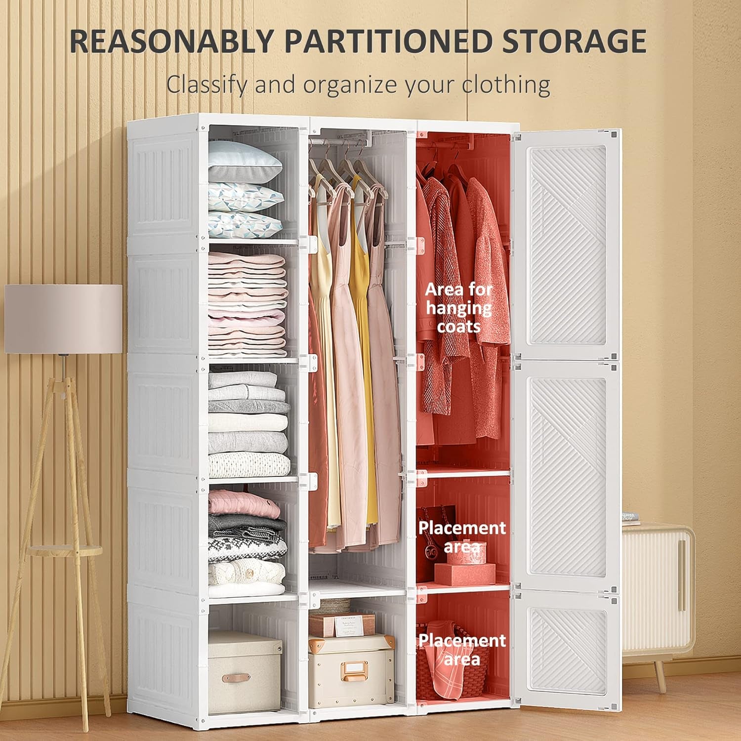 Portable Wardrobe Closet, Folding Clothes Storage Organizer with 8 Cube Compartments, 2 Hanging Rods, 11 Magnet Doors, White