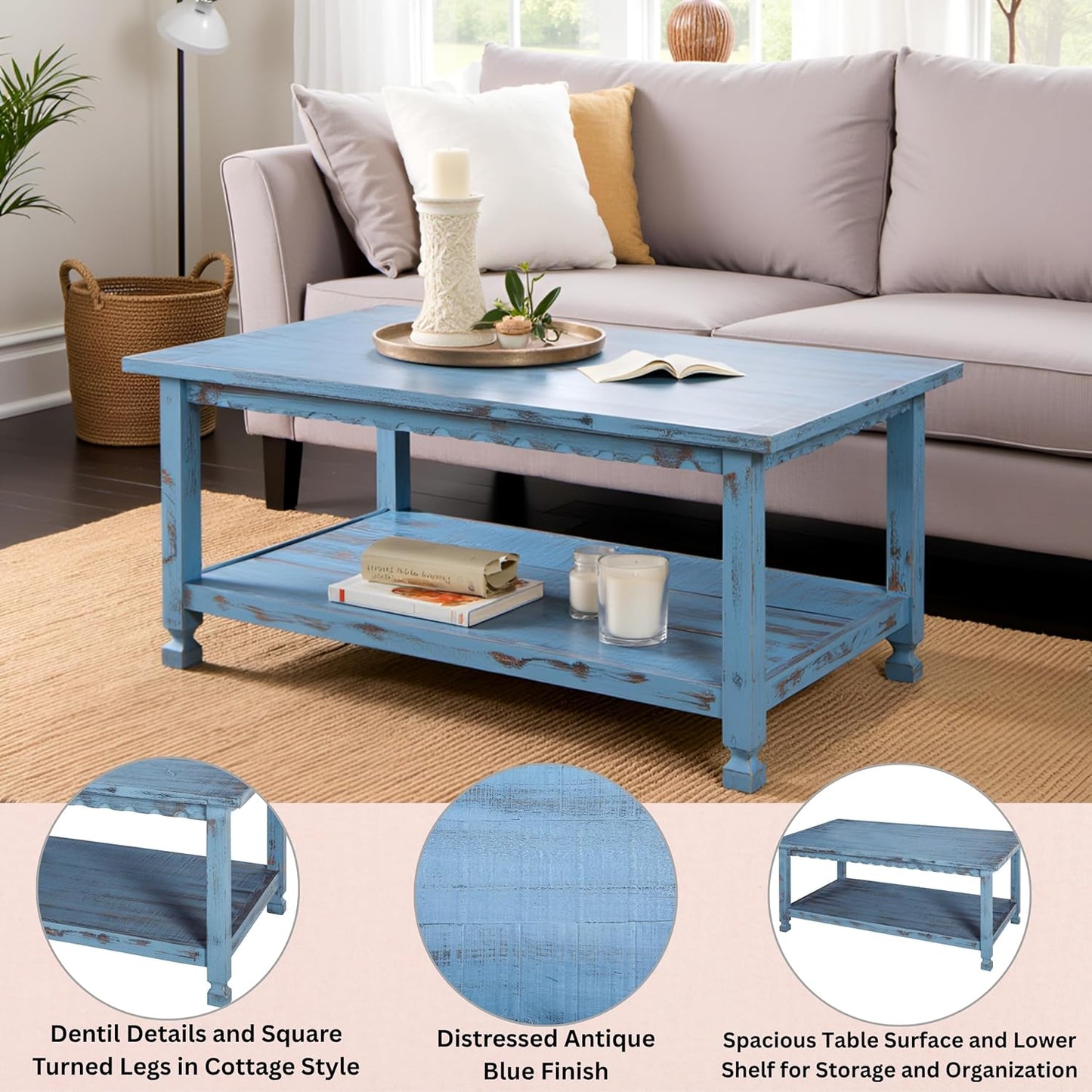 Rustic Rectangular Coffee Table, 42 In. W X 24 In. D X 18 In. H, Living Room Blue Antique, W/ (1) 36 In. W X 18 In. D X 10 In. H Shelf, Farmhouse/Cottage Style, Select Hardwood/Construction