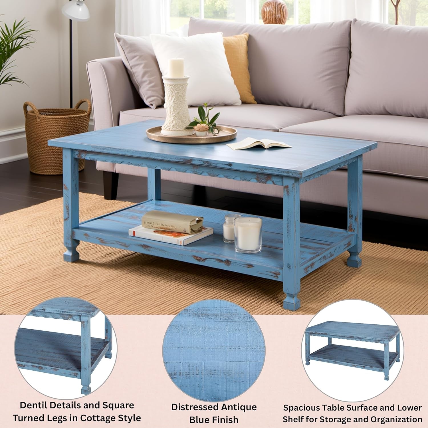 Rustic Rectangular Coffee Table, 42 In. W X 24 In. D X 18 In. H, Living Room Blue Antique, W/ (1) 36 In. W X 18 In. D X 10 In. H Shelf, Farmhouse/Cottage Style, Select Hardwood/Construction