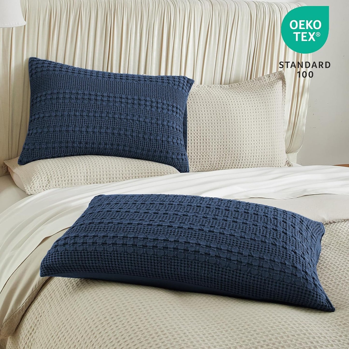 100% Cotton Waffle Pillow Shams King Size, 2 Pack 20" X 36" Soft Skin-Friendly Pillowcases, No Filling, Aesthetic Woven and Breathable Waffle Weave Pillow Case Covers for Bed, Blue Sapphire