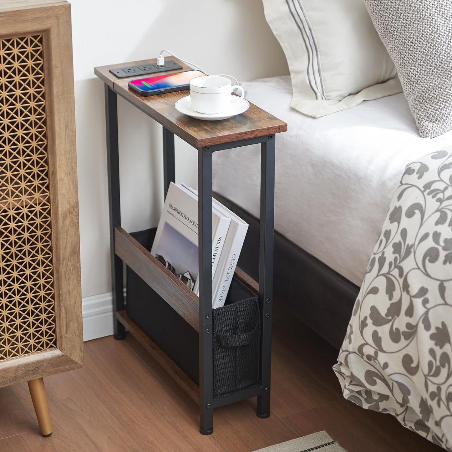 Slim Charging End Table with Storage - for Small Spaces and Bedroom