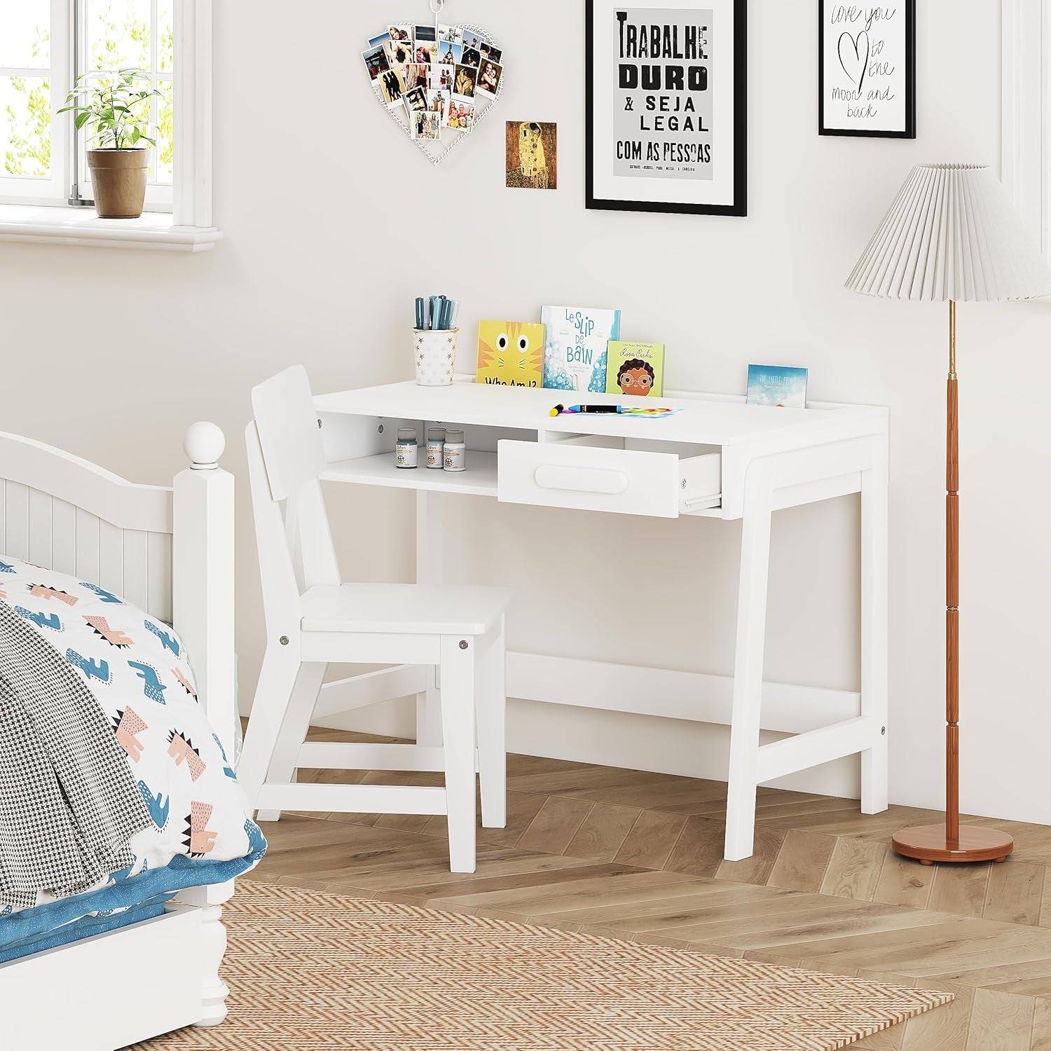 Kids Desk and Chair Set, Study Desk for Kids with Drawers, Wooden Children Table Set, Student Writing Desk Computer Workstation for Bedroom & Study Room