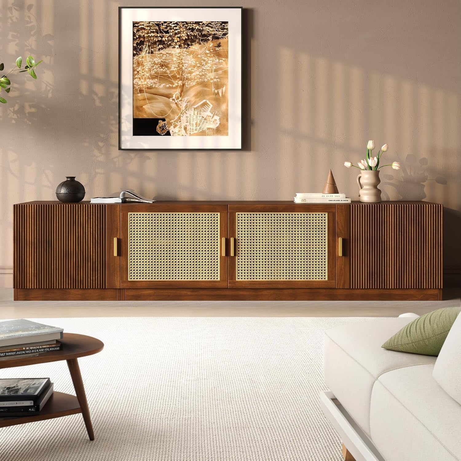 Mid-Century Modern TV Stand with Fluted & Rattan Doors, 78" Media Console for Tvs up to 85", Rattan Entertainment Center with Storage & Adjustable Shelf, Cable Holes, Walnut