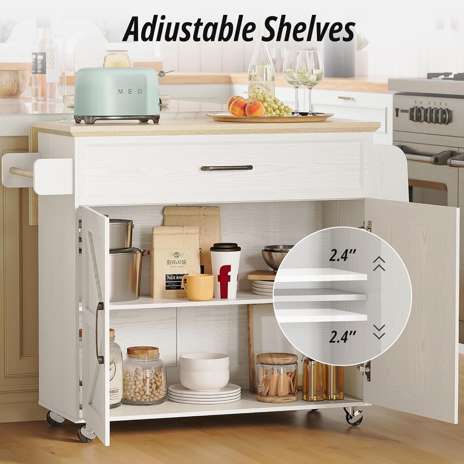 Kitchen Island Table with Storage, Rolling Kitchen Cart with Power Outlet, Storage Cabinets on Wheels with Drop Leaf, Portable for Dining Room, White