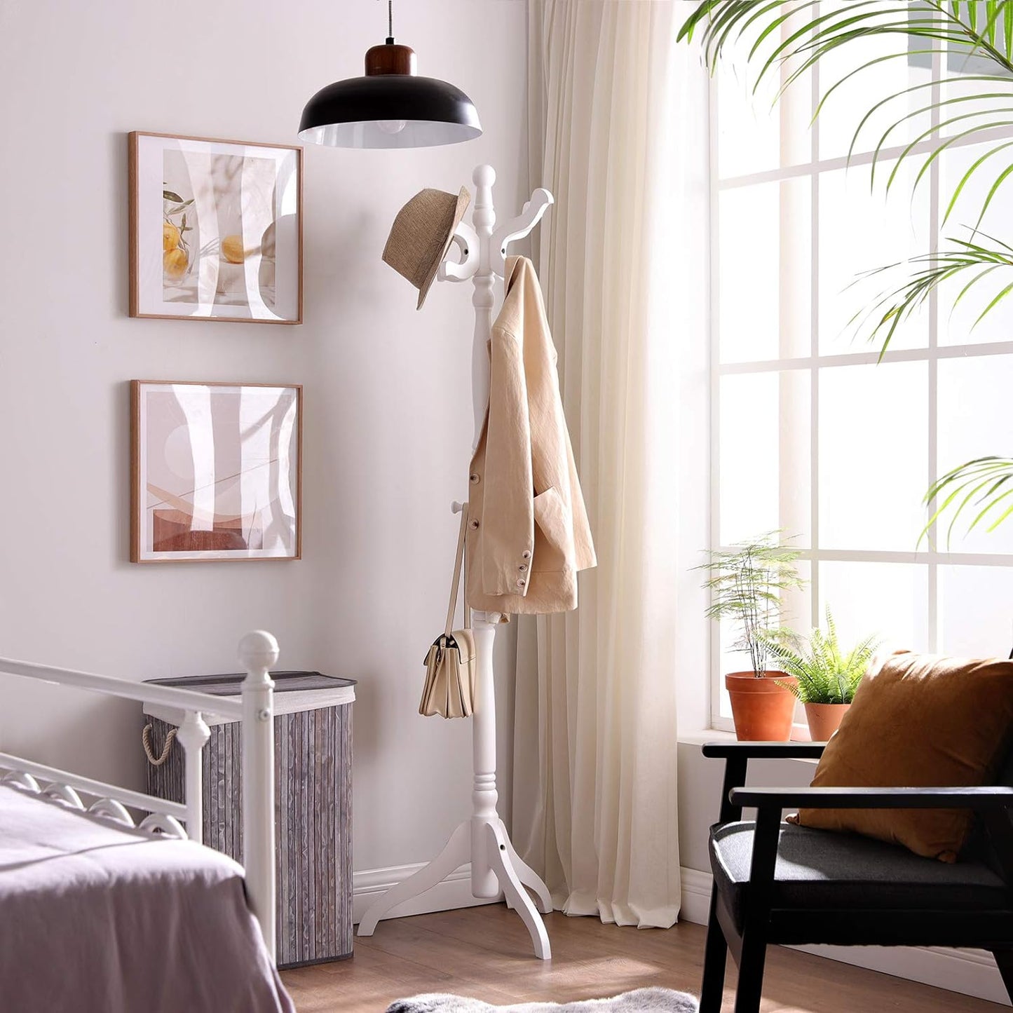 Coat Stand, Solid Wood Freestanding Coat Rack with 11 Hooks, Hall Tree for Bags, Purses, Hats, for Entryway, Hallway, Rubberwood, White URCR005W02