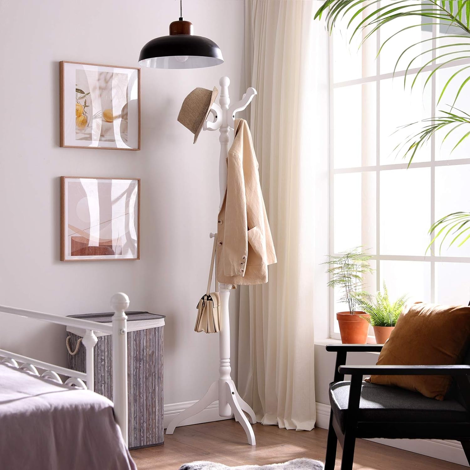 Coat Stand, Solid Wood Freestanding Coat Rack with 11 Hooks, Hall Tree for Bags, Purses, Hats, for Entryway, Hallway, Rubberwood, White URCR005W02